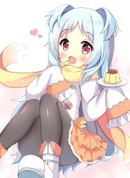 Rule 34 | 1girl, :d, black pantyhose, blue hair, blush, boots, brown scarf, commentary request, food, frilled sleeves, frills, heart, highres, holding, holding saucer, holding spoon, knees together feet apart, layered skirt, long hair, long sleeves, looking at viewer, miyako (princess connect!), open mouth, orange skirt, pantyhose, pleated skirt, princess connect!, pudding, purple eyes, saucer, scarf, shirt, skirt, sleeves past fingers, sleeves past wrists, smile, solo, spoon, two side up, very long hair, white footwear, white shirt, xiaosamiao