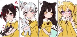 Rule 34 | 4girls, aged down, artist request, bad id, bad twitter id, bandaid, bandaid on face, blake belladonna, book, bow, dog, hand on own hip, multiple girls, ponytail, rabbit, ruby rose, rwby, stuffed toy, twintails, weiss schnee, welsh corgi, yang xiao long, zwei (rwby)