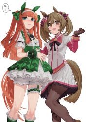 Rule 34 | 2girls, :d, animal ears, black legwear, bloomers, blue eyes, blush, bow, bowtie, breasts, brown eyes, brown gloves, brown hair, clenched hand, cosplay, costume switch, frills, geppewi, gloves, hair bow, hairband, highres, horse ears, horse girl, horse tail, long hair, looking at viewer, multiple girls, open mouth, orange hair, pantyhose, pleated skirt, silence suzuka (umamusume), skirt, smart falcon (umamusume), smile, sweatdrop, tail, thigh strap, twintails, umamusume, underwear