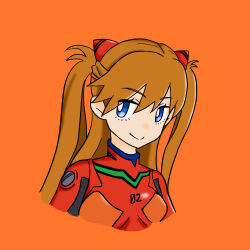 Rule 34 | 1girl, :&gt;, adapted costume, artist request, blue eyes, bodysuit, breasts, brown hair, hair ornament, highres, long hair, looking at viewer, neon genesis evangelion, orange background, plugsuit, red bodysuit, shiny clothes, skin tight, small breasts, smile, solo, souryuu asuka langley, twintails, two side up, upper body, very long hair
