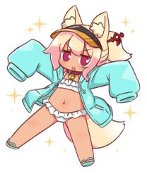 Rule 34 | 1girl, :o, animal ears, bell, bikini, bikini under clothes, blonde hair, blue footwear, blue jacket, blush, brown collar, collar, commentary request, drawstring, flip-flops, fox ears, fox girl, fox tail, frilled bikini, frills, full body, hair ornament, highres, hood, hood down, hooded jacket, jacket, jingle bell, kemomimi-chan (naga u), long sleeves, looking at viewer, naga u, navel, neck bell, open clothes, open jacket, original, parted lips, ponytail, purple eyes, sandals, sidelocks, simple background, sleeves past fingers, sleeves past wrists, solo, sparkle, swimsuit, tail, tan, v-shaped eyebrows, white background, white bikini