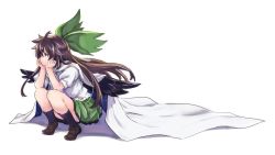 Rule 34 | 1girl, arm support, bare legs, black socks, black wings, bow, brown footwear, brown hair, cape, feathers, full body, green bow, green skirt, hair bow, head rest, lefthand, long hair, puffy short sleeves, puffy sleeves, red eyes, reiuji utsuho, shirt, shoes, short sleeves, simple background, skirt, socks, solo, squatting, touhou, white background, white shirt, wings