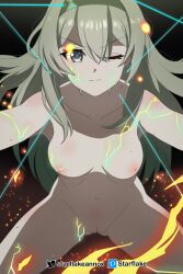 1girl black_hairband breasts collarbone cowboy_shot firefly_(honkai:_star_rail) grey_hair hair_between_eyes hairband highres honkai:_star_rail honkai_(series) long_hair medium_breasts navel nipples nude one_eye_closed solo spread_legs starflake_(starclusteriu) sweat sweatdrop