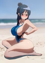 Rule 34 | 1girl, alternate costume, ass, blue one-piece swimsuit, breasts, competition swimsuit, curvy, embarrassed, full body, highleg, highleg swimsuit, highres, huge ass, large breasts, official alternate costume, one-piece swimsuit, one piece, shiny skin, swimsuit, tashigi, thick thighs, thighs