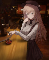 Rule 34 | 1girl, absurdres, adjusting hair, alc.3vol, alcohol, arm up, bar (place), bar stool, black headwear, blonde hair, borrowed character, bottle, breasts, brown eyes, brown skirt, closed mouth, commentary, cup, elbow on table, hair ornament, hairpin, highres, long hair, long sleeves, looking at viewer, medium breasts, neck ribbon, original, ribbon, shirt, sitting, skirt, solo, stool, suspender skirt, suspenders, white shirt
