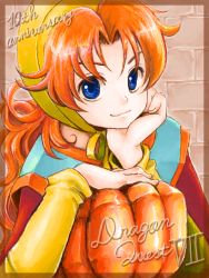 Rule 34 | 1girl, artist request, blue eyes, breasts, curly hair, dragon quest, dragon quest vii, dress, hat, hood, long hair, maribel (dq7), medium breasts, red hair, solo, source request