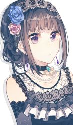 Rule 34 | 1girl, bad id, bad pixiv id, bang dream!, black choker, blue flower, blue rose, choker, closed mouth, detached sleeves, drop shadow, earrings, flower, hair flower, hair ornament, headband, highres, jewelry, looking at viewer, migolu, necklace, pearl necklace, pink flower, pink rose, purple eyes, rose, shirokane rinko, simple background, solo, upper body, white background
