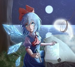 Rule 34 | 1girl, ascot, blue dress, blue eyes, blue hair, bow, breasts, child&#039;s drawing, cirno, commentary request, daiyousei, dress, full moon, grass, hair between eyes, hair bow, highres, hitodama, holding, holding pencil, ice, ice wings, leash, light particles, looking to the side, minuo, moon, night, night sky, outdoors, paper, parted lips, pencil, pinafore dress, puffy short sleeves, puffy sleeves, red ascot, red bow, rock, shirt, short hair, short sleeves, sitting, sky, sleeveless dress, small breasts, solo, star (sky), starry sky, touhou, tree, water, white shirt, wing collar, wings