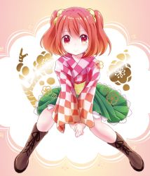 Rule 34 | 1girl, bad id, bad pixiv id, bell, boots, cross-laced footwear, hair bell, hair ornament, japanese clothes, lace-up boots, motoori kosuzu, pochi07, red eyes, red hair, sitting, smile, touhou, wide sleeves