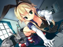 Rule 34 | &gt; &lt;, 10s, 1girl, all fours, anchor hair ornament, black panties, blonde hair, bow, breasts, closed eyes, collarbone, elbow gloves, gloves, green eyes, hair between eyes, hair bow, hair ornament, hair ribbon, kantai collection, lifebuoy, long hair, looking at viewer, outstretched hand, panties, pleated skirt, rensouhou-chan, ribbon, shimakaze (kancolle), sidelocks, skirt, skirt around one leg, small breasts, solo, striped clothes, striped thighhighs, swim ring, thighhighs, thong, underwear, white gloves, yamacchi