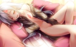 Rule 34 | 1girl, between legs, black shirt, blush, breast tattoo, breasts, drooling, closed eyes, hand between legs, highres, indoors, knee up, lethe-shion, long hair, lying, naked shirt, navel, off shoulder, on back, original, pillow, shirt, silver hair, sleeping, small breasts, solo, sunlight, tattoo