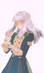 Rule 34 | 1girl, cake, closed mouth, eating, fire emblem, fire emblem: three houses, food, food on face, fork, garreg mach monastery uniform, holding, holding fork, holding plate, kkia, long hair, long sleeves, lysithea von ordelia, nintendo, pink eyes, plate, simple background, solo, uniform, white background, white hair