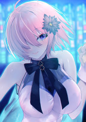 Rule 34 | 1girl, ahoge, bad id, bad pixiv id, bare shoulders, black bow, black flower, blurry, blurry background, blush, bow, breasts, closed mouth, commentary request, depth of field, dress, fate/grand order, fate (series), flower, gloves, hair flower, hair ornament, hair over one eye, hand up, highres, mash kyrielight, mash kyrielight (under the same sky), medium breasts, noto kurumi, official alternate costume, pink hair, purple eyes, sleeveless, sleeveless dress, smile, solo, upper body, white dress, white gloves