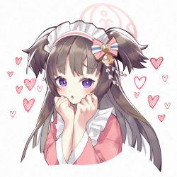 Rule 34 | 1girl, akutaa, apron, arms up, bell, blue archive, blush, bow, chestnut mouth, frilled apron, frilled kimono, frills, hair ornament, hair ribbon, halo, hands on own face, heart, heart hair ornament, highres, japanese clothes, kimono, long hair, long sleeves, looking at viewer, maid, maid headdress, multicolored ribbon, parted lips, pink bow, purple eyes, ribbon, shizuko (blue archive), short twintails, sidelocks, simple background, solo, twintails, upper body, wa maid, white background, wide sleeves