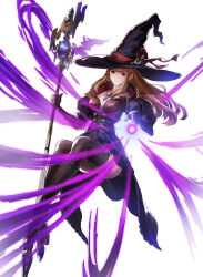 Rule 34 | 1girl, blunt bangs, breasts, brown eyes, brown hair, casting spell, cleavage, closed mouth, collarbone, elbow gloves, energy ball, fantasy, floating, full body, gloves, hat, high heels, highres, holding, holding staff, isono wataru, jewelry, large breasts, long hair, looking at viewer, medium breasts, necklace, original, puffy short sleeves, puffy sleeves, short sleeves, sidelocks, solo, staff, thighhighs, white background, witch, witch hat