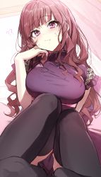 Rule 34 | 1girl, ?, ??, black thighhighs, blunt bangs, blush, breasts, brown hair, closed mouth, commentary, curly hair, dress, drill hair, highres, knees up, large breasts, long hair, original, purple dress, purple eyes, short sleeves, sidelocks, sitting, solo, symbol-only commentary, thighhighs, wata (attaka towel)