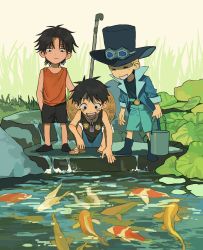 Rule 34 | 3boys, :d, ^ ^, aged down, black hair, blonde hair, brothers, bucket, child, closed eyes, eyewear on headwear, fish, hat, highres, industrial pipe, jacket, koi, male focus, monkey d. luffy, mulso, multiple boys, one piece, open mouth, plant, portgas d. ace, sabo (one piece), siblings, sleeveless, sleeves rolled up, smile, unworn hat, unworn headwear