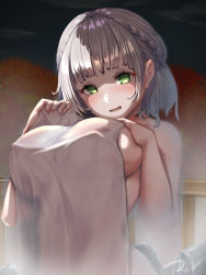 Rule 34 | 1girl, absurdres, blush, braid, breasts, covered erect nipples, covering privates, embarrassed, french braid, green eyes, hand on own chest, highres, hololive, hololive fantasy, large breasts, looking at viewer, nude, nude cover, oa (or 12o), onsen, see-through, shirogane noel, short hair, sideboob, silver hair, solo, towel, upper body, virtual youtuber