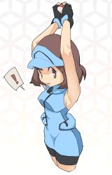 Rule 34 | !, ace trainer (pokemon), armpits, arms up, bike shorts, black gloves, blue hat, breasts, brown eyes, brown hair, creatures (company), cropped legs, dress, fingerless gloves, game freak, gameplay mechanics, gloves, hands together, hat, highres, holding, holding poke ball, looking at viewer, matching hair/eyes, medium breasts, nintendo, no bra, npc trainer, nyonn24, open mouth, poke ball, pokemon, pokemon sm, short hair, shorts under dress, simple background, sleeveless, smile, solo, speech bubble, standing, visor cap, white background, zipper pull tab