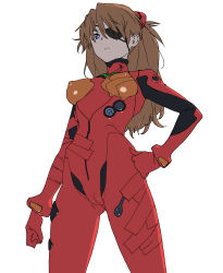 Rule 34 | 1girl, blue eyes, bodysuit, breasts, cameltoe, closed mouth, covered erect nipples, cowboy shot, eyepatch, from below, hairpods, hand on own hip, highres, long hair, looking at viewer, medium breasts, neon genesis evangelion, onsen tamago (hs egg), orange hair, plugsuit, red bodysuit, simple background, solo, souryuu asuka langley, standing, tape, white background