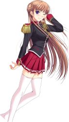 Rule 34 | 10s, 1girl, light brown hair, long hair, looking at viewer, noel maresse ascot, one eye closed, pleated skirt, purple eyes, red skirt, skirt, solo, thighhighs, transparent background, uniform, walkure romanze, white thighhighs