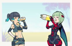 Rule 34 | 2girls, arm guards, belt, blue hair, chest jewel, closed eyes, crop top, drinking, electron p2000, fiery hair, fingerless gloves, gloves, green hair, hand on own hip, ino (xenoblade), loose belt, multiple girls, navel, robot, sena (xenoblade), short hair, short shorts, shorts, side ponytail, stomach, thermos, vest, xenoblade chronicles (series), xenoblade chronicles 3