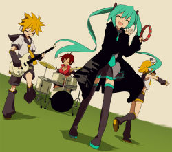 Rule 34 | 00s, 1boy, 3girls, aqua hair, brother and sister, drum, drum set, electric guitar, guitar, hatsune miku, instrument, ixy, kagamine len, kagamine rin, meiko (vocaloid), multiple girls, shadow, siblings, standing, tambourine, thighhighs, twins, twintails, vocaloid
