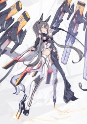 Rule 34 | 1girl, :d, absurdres, arm up, bare shoulders, black dress, boots, breasts, bridal gauntlets, cancell, close-up, clothing cutout, covered navel, dress, full body, grey hair, headgear, highres, long hair, looking at viewer, mecha musume, mechanical wings, medium breasts, open mouth, orange eyes, original, pelvic curtain, ponytail, revealing clothes, side cutout, sideboob, sidelocks, sleeveless, sleeveless dress, smile, solo, stomach cutout, thigh boots, thighhighs, thighs, underboob, underboob cutout, very long hair, white footwear, wings