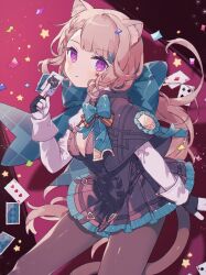 Rule 34 | 1girl, animal ears, aqua bow, black gloves, black pantyhose, blonde hair, bow, card, cat ears, cat girl, cat tail, commentary request, facial mark, frilled leotard, frills, genshin impact, gloves, highres, hisui itame, holding, holding card, leotard, long hair, lynette (genshin impact), pantyhose, ponytail, purple eyes, solo, star (symbol), star facial mark, tail, two-tone gloves, white gloves