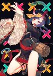 Rule 34 | 1girl, alternate hairstyle, arms up, bare legs, bell, black footwear, blush, fate/grand order, fate (series), highres, horns, kotoribako, long sleeves, looking at viewer, nail polish, open mouth, purple eyes, purple hair, short hair, shuten douji (fate), shuten douji (festival outfit) (fate), smile, solo, thick eyebrows, tongue, tongue out