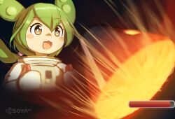 Rule 34 | 1girl, artist logo, atmospheric reentry, blush stickers, bright pupils, chestnut mouth, controller, dark background, from outside, glowing hot, green hair, highres, holding, joystick, jumpsuit, kasugai isoya, kerbal space program, long hair, looking ahead, low ponytail, open mouth, parody, projected inset, solo, spacecraft, spacesuit, voicevox, white jumpsuit, white pupils, yellow eyes, zundamon