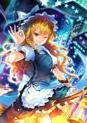 Rule 34 | 1girl, apron, blonde hair, bow, braid, broom, broom riding, city lights, contemporary, grin, hair ornament, hat, hat bow, highres, kirisame marisa, lantern, long hair, looking at viewer, ok sign, one eye closed, puffy short sleeves, puffy sleeves, shirt, short sleeves, single braid, skirt, skirt set, smile, solo, touhou, u u zan, vest, waist apron, witch hat, wrist cuffs, yellow eyes