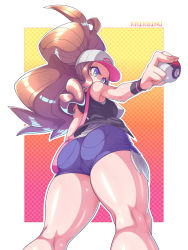 Rule 34 | 1girl, absurdres, armpits, ass, bag, baseball cap, black vest, blouse, blue eyes, breasts, brown hair, creatures (company), curly hair, cutoffs, denim, denim shorts, from behind, from below, from side, game freak, hat, high ponytail, highres, hilda (pokemon), huge ass, kaikoinu, kneepits, large breasts, long hair, looking away, nintendo, pocket, poke ball, poke ball (basic), pokemon, pokemon bw, ponytail, shiny skin, shirt, short shorts, shorts, shoulder bag, sideboob, sidelocks, skindentation, sleeveless, sleeveless shirt, solo, standing, tank top, thick thighs, thighs, thong, v-shaped eyebrows, vest, white shirt, wide hips, wristband