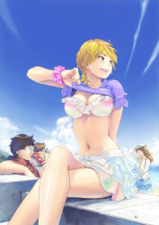 Rule 34 | 2boys, 2girls, arm behind back, arm behind head, arm up, bandeau, beach, beret, bikini, bikini skirt, bikini under clothes, black hair, blonde hair, blue skirt, blue sky, blush, bow, breast pocket, breasts, brown eyes, brown hair, buttons, camera, can, carina (xiaowoo), cleavage, closed eyes, clothes lift, cloud, collarbone, contrail, crossed legs, day, drink, drink can, drinking, frilled bikini, frills, glasses, hair tie, half-closed eyes, hand in own hair, hand up, happy, hat, highres, hip focus, holding, holding camera, holding can, kaikan change, lace, lace-trimmed shirt, lace trim, large breasts, laughing, lifted by self, lips, long hair, long sleeves, looking afar, looking back, looking to the side, makoto (carina), mayu (carina), mayu (kaikan change), medium breasts, medium hair, miniskirt, multicolored bikini, multicolored clothes, multiple boys, multiple girls, navel, ocean, off shoulder, open mouth, original, outdoors, parted bangs, pink scrunchie, plaid, plaid shirt, pocket, ponytail, profile, purple shirt, red shirt, rimless eyewear, round eyewear, ryouta (kaikan change), saionji makoto, scrunchie, shiny skin, shirt, shirt lift, short ponytail, short sleeves, sitting, sitting on object, skirt, sky, smile, soda can, standing, summer, sweat, swept bangs, swimsuit, taking picture, tree, ugly man, undressing, white bow, white hat, white shirt, wrist scrunchie, yamamura (kaikan change), yellow eyes