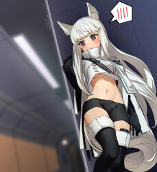 Rule 34 | 1girl, against wall, animal ears, arknights, bike shorts, black footwear, black gloves, black shorts, blush, boots, breasts, brown eyes, closed mouth, crop top, elbow gloves, embarrassed, feet out of frame, gloves, hand up, high collar, highres, horse ears, horse girl, horse tail, indoors, long hair, long sleeves, looking away, looking to the side, medium breasts, navel, platinum (arknights), revealing clothes, seto tinami, shorts, signature, solo, speech bubble, spoken blush, standing, tail, thigh boots, underboob, variant set, very long hair, white hair, wide sleeves