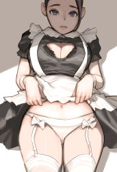 Rule 34 | 1girl, absurdres, apron, black eyes, black hair, cleavage cutout, clothes lift, clothing cutout, dytm, embarrassed, garter straps, highres, lips, maid, maid apron, panties, puffy sleeves, short hair, skirt, skirt lift, solo, thighhighs, underwear
