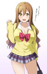 Rule 34 | 1girl, :d, aged up, barkhorn0331, bow, breasts, brown eyes, brown hair, cardigan, cleavage, collarbone, commentary, cowboy shot, gradient background, grey skirt, hand up, highres, kunikida hanamaru, large breasts, long hair, looking at viewer, love live!, love live! sunshine!!, miniskirt, open mouth, pleated skirt, purple background, red bow, school uniform, skirt, sleeves past wrists, smile, solo, striped, striped bow, translated, wavy hair, yellow cardigan