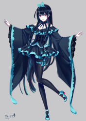 Rule 34 | 1boy, absurdly long sleeves, aqua footwear, bare shoulders, black hair, blue nails, choker, commentary request, corset, creatures (company), crossdressing, dress, earrings, frilled shirt collar, frilled skirt, frilled sleeves, frills, game freak, gen 4 pokemon, grey background, hairband, high heels, highres, hime cut, jewelry, leg up, leggings, long hair, lumineon, male focus, merlusa, miniskirt, multicolored hair, nail polish, nintendo, pantyhose, personification, pleated skirt, pokemon, pouch, red eyes, simple background, skirt, skirt set, sleeves past elbows, smile, solo, streaked hair, thigh pouch, very long hair, wide sleeves
