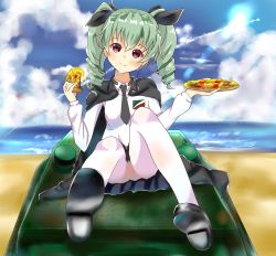 Rule 34 | 10s, 1girl, anchovy (girls und panzer), beach, blush, cape, food, girls und panzer, green hair, highres, looking at viewer, pantyhose, pizza, red eyes, school uniform, skirt, smile, solo, spread legs, upskirt, white pantyhose