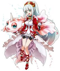 Rule 34 | 10s, 1girl, absurdly long hair, an liel, brooch, creatures (company), crossover, fish, frills, full body, game freak, gen 1 pokemon, goldeen, green eyes, grey hair, horns, jewelry, lailah (tales), liel, liel (andaniel), long hair, nintendo, poke ball, pokemon, pokemon (creature), ponytail, shoes, single horn, skirt, smile, tales of (series), tales of zestiria, transparent background, very long hair