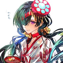 Rule 34 | 1girl, bell, blush, bowl, eeju, fate/grand order, fate (series), green hair, hair bell, hair ornament, hair over one eye, japanese clothes, long hair, miko, mochizuki chiyome (fate), mochizuki chiyome (third ascension) (fate), purple eyes, twitter username, white background
