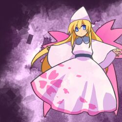 Rule 34 | 1girl, belt, blonde hair, blue belt, blue eyes, collared dress, commentary request, dress, flat chest, hat, kaigen 1025, lily white, long dress, long hair, long sleeves, parted lips, pink trim, pink wings, pointy hat, solo, touhou, white dress, white hat, wide sleeves, wings
