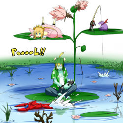 Rule 34 | 1boy, 1girl, controller, fishing rod, flower, frog, hat, leaf, original, pageratta, pond, remote control, simple background, tiara