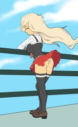 Rule 34 | 1girl, absurdres, apopfonz, ass, black shirt, black thighhighs, blonde hair, blue sky, closed eyes, cloud, coco schoppenboer, day, highres, loafers, long hair, ongezellig, outdoors, panties, red skirt, shirt, shoes, skirt, sky, solo, thighhighs, underwear, white shirt