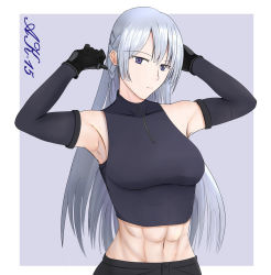 Rule 34 | 1girl, abs, ak-15 (girls&#039; frontline), armpits, arms behind head, black gloves, black shirt, braid, breasts, character name, closed mouth, defy (girls&#039; frontline), elbow gloves, girls&#039; frontline, gloves, highres, long hair, looking at viewer, medium breasts, purple eyes, shirt, silver hair, simple background, solo, stomach, tk2082347, upper body