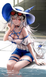 Rule 34 | 1girl, absurdres, arknights, bare shoulders, blue shorts, breasts, cleavage, corrupted metadata, eyewear on head, hair between eyes, hat, highres, large breasts, long hair, looking at viewer, off-shoulder shirt, off shoulder, official alternate costume, red eyes, shirt, short shorts, shorts, sishima, sitting, skadi (arknights), skadi (waverider) (arknights), soaking feet, solo, sun hat, sunglasses, thigh strap, very long hair, water, white hair, white hat, white shirt