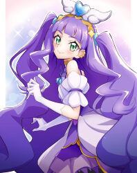 Rule 34 | 1girl, aqua eyes, brooch, clothing cutout, commentary, cure majesty, dress, earclip, ellee-chan, from side, gloves, highres, hirogaru sky! precure, jewelry, long hair, looking at viewer, magical girl, medium dress, precure, purple dress, purple hair, short sleeves, shoulder cutout, smile, solo, sparkle, standing, two side up, usoco, very long hair, white gloves, wing brooch, wing hair ornament