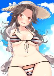Rule 34 | 10s, 1girl, absurdres, alternate costume, arms behind back, bikini, blush, breasts, brown hair, cloud, cloudy sky, collarbone, covered erect nipples, day, front-tie top, green ribbon, hair ribbon, hat, highres, hood, hooded track jacket, jacket, jintsuu (kancolle), kantai collection, looking at viewer, medium breasts, multicolored bikini, multicolored clothes, navel, nebusoku, ribbon, side-tie bikini bottom, sidelocks, sky, solo, stomach, straw hat, striped bikini, striped clothes, swimsuit, track jacket, tress ribbon, underboob, upper body, yellow eyes