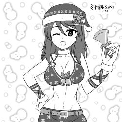 Rule 34 | 1girl, ;d, alternate headwear, arm ribbon, artist name, bell, belt, bikini, birthday, bow, breasts, christmas, commentary request, dated, fur collar, fur cuffs, girls und panzer, girls und panzer senshadou daisakusen!, greyscale, groin, halterneck, hand on own hip, hat, hat bow, holding, holding bell, holly, looking at viewer, lowres, medium breasts, medium hair, midriff, mika (girls und panzer), monochrome, nanashiro gorou, navel, official alternate costume, one eye closed, open mouth, partial commentary, pinky out, print bikini, print skirt, ribbon, santa bikini, santa hat, signature, skirt, smile, snowman print, solo, standing, swimsuit