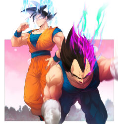 Rule 34 | 2boys, :o, all fours, artist name, bare shoulders, biceps, black eyes, black hair, blue bodysuit, blue sash, blue shirt, blue wristband, bodysuit, clenched hands, closed eyes, collarbone, dougi, dragon ball, dragon ball super, energy, hand up, looking at another, male focus, motion blur, motion lines, multiple boys, muscular, muscular male, ommmyoh, open mouth, orange pants, pants, pectorals, pink sky, purple hair, sash, shirt, short sleeves, signature, sky, sleeveless, sleeveless bodysuit, son goku, spiked hair, standing, sweatdrop, teeth, tree, twitter username, ultra ego (dragon ball), ultra instinct, v-shaped eyebrows, vegeta, veins, white background, wristband